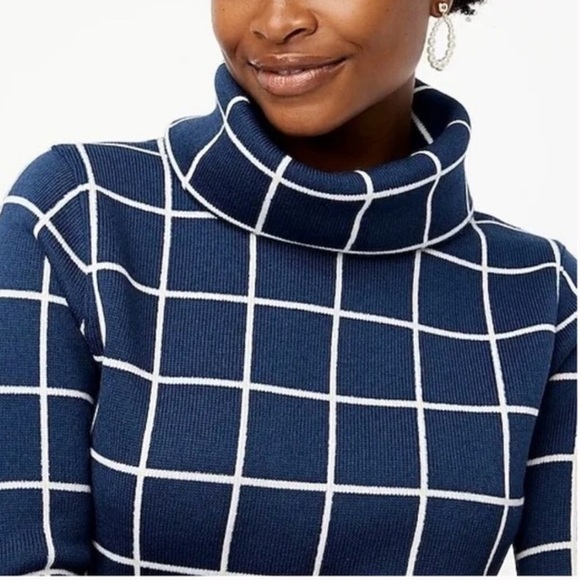 J Crew Funnel Neck Pullover Fleece Lined Windowpane Sweater Women's Small Navy - Picture 3 of 12